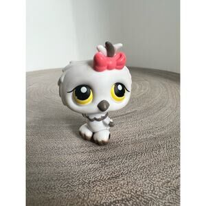 Littlest Pet Shop LPS White Owl #360 Gray Pink Bow with Yellow Dot Eyes